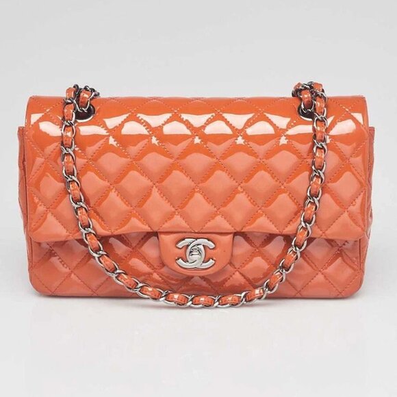 Chanel Orange Quilted Patent Leather Classic Medium Double Flap Bag - Picture 1 of 11